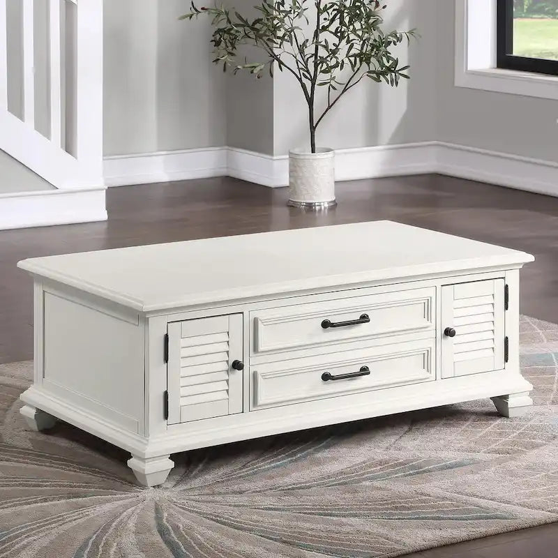 Table basse relevable Soft White Modern Farmhouse avec portes d'armoire à persiennes et rangement