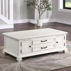 Table basse relevable Soft White Modern Farmhouse avec portes d'armoire à persiennes et rangement