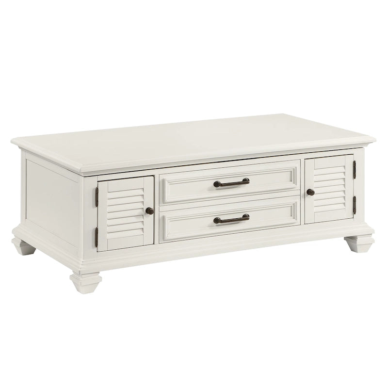 Table basse relevable Soft White Modern Farmhouse avec portes d'armoire à persiennes et rangement