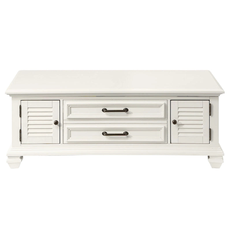 Table basse relevable Soft White Modern Farmhouse avec portes d'armoire à persiennes et rangement