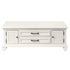 Table basse relevable Soft White Modern Farmhouse avec portes d'armoire à persiennes et rangement