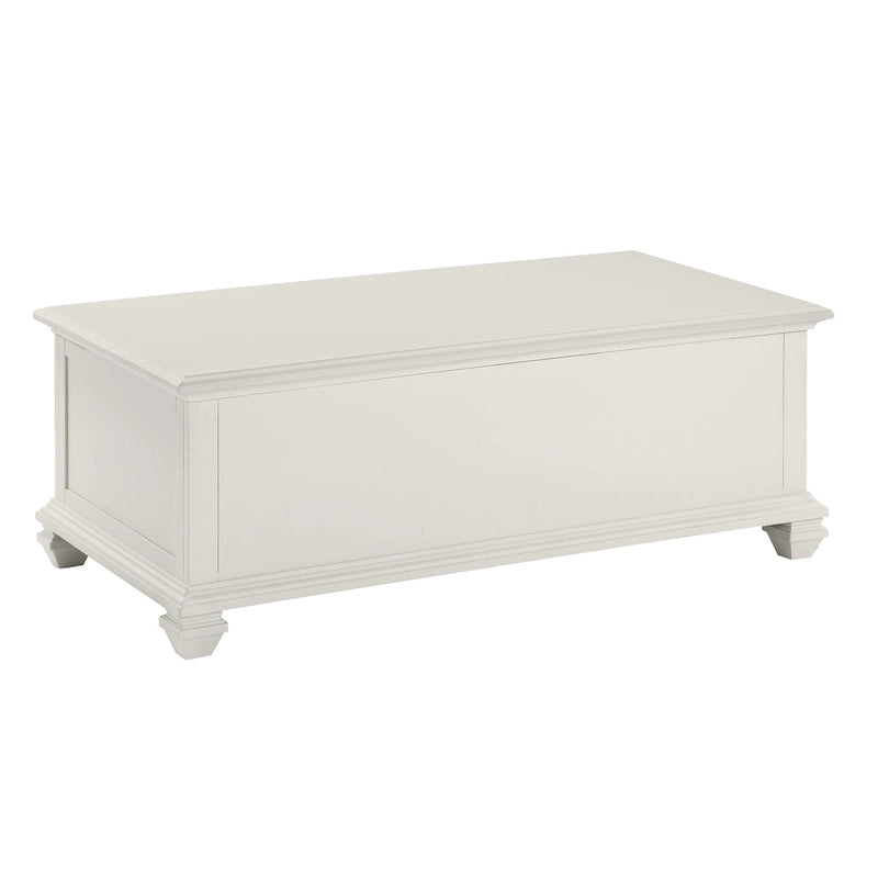 Table basse relevable Soft White Modern Farmhouse avec portes d'armoire à persiennes et rangement