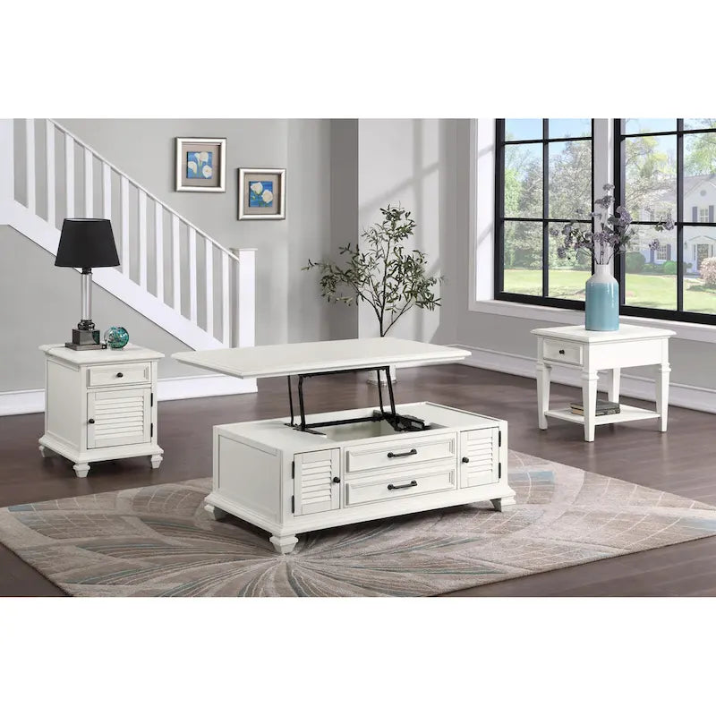 Table basse relevable Soft White Modern Farmhouse avec portes d'armoire à persiennes et rangement