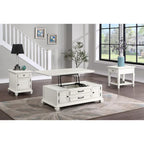Table basse relevable Soft White Modern Farmhouse avec portes d'armoire à persiennes et rangement