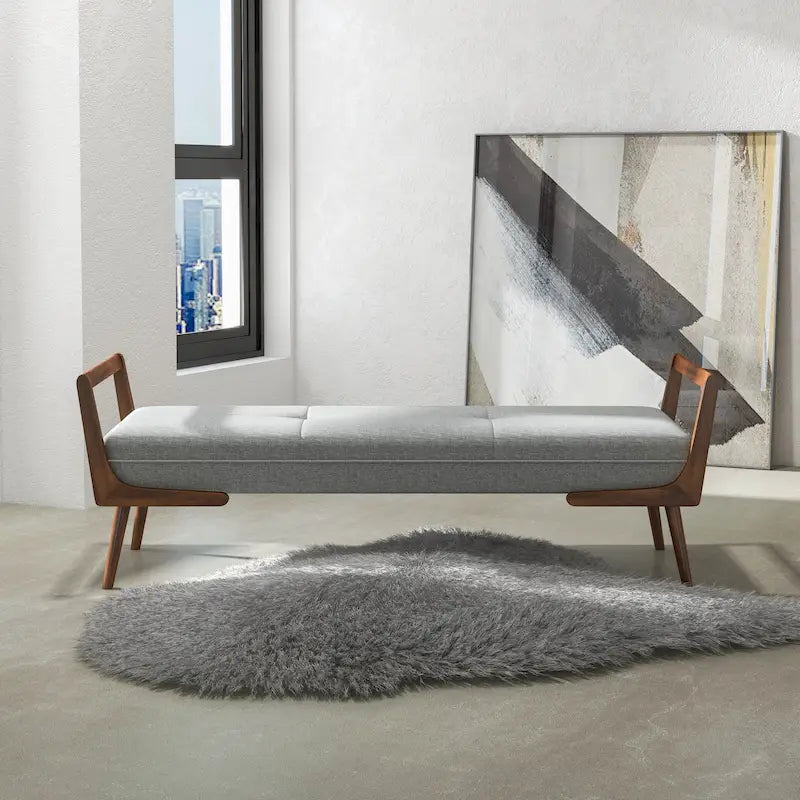 Banc rembourré en tissu noyer, style moderne du milieu du siècle, avec pieds fuselés, 2 places