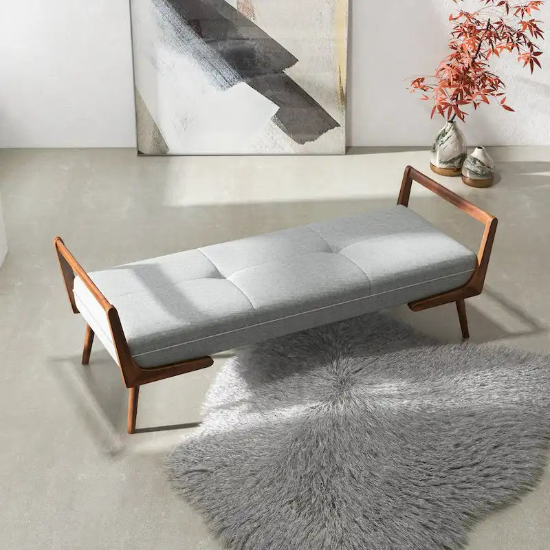 Banc rembourré en tissu noyer, style moderne du milieu du siècle, avec pieds fuselés, 2 places