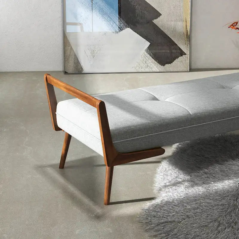 Banc rembourré en tissu noyer, style moderne du milieu du siècle, avec pieds fuselés, 2 places