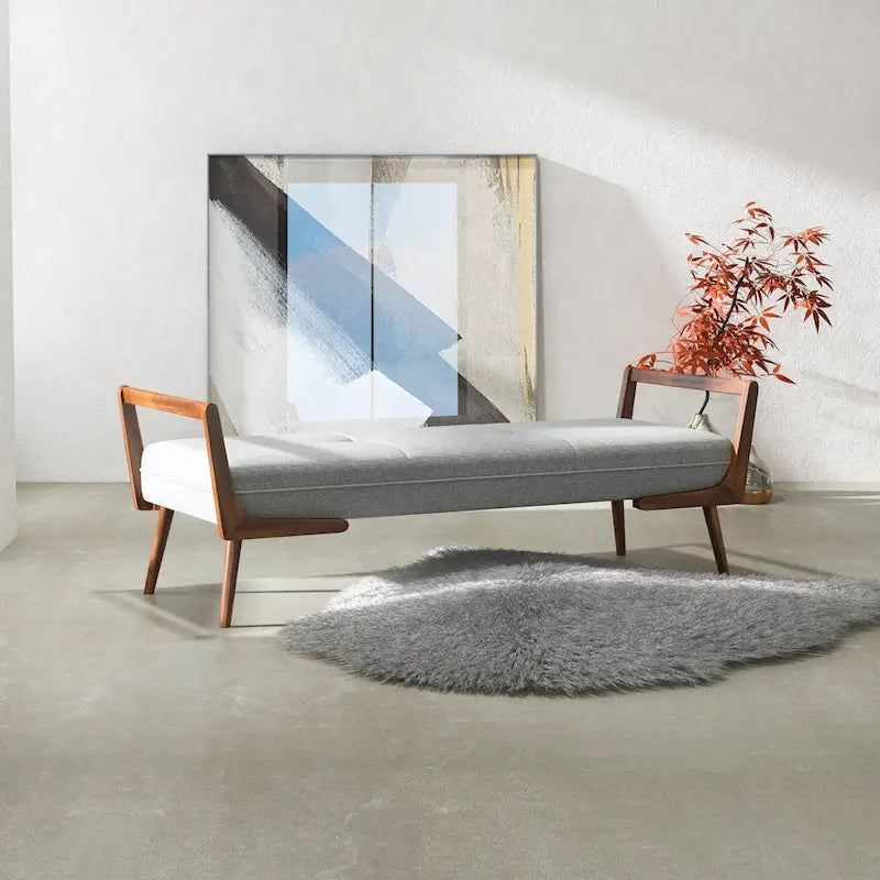 Banc rembourré en tissu noyer, style moderne du milieu du siècle, avec pieds fuselés, 2 places