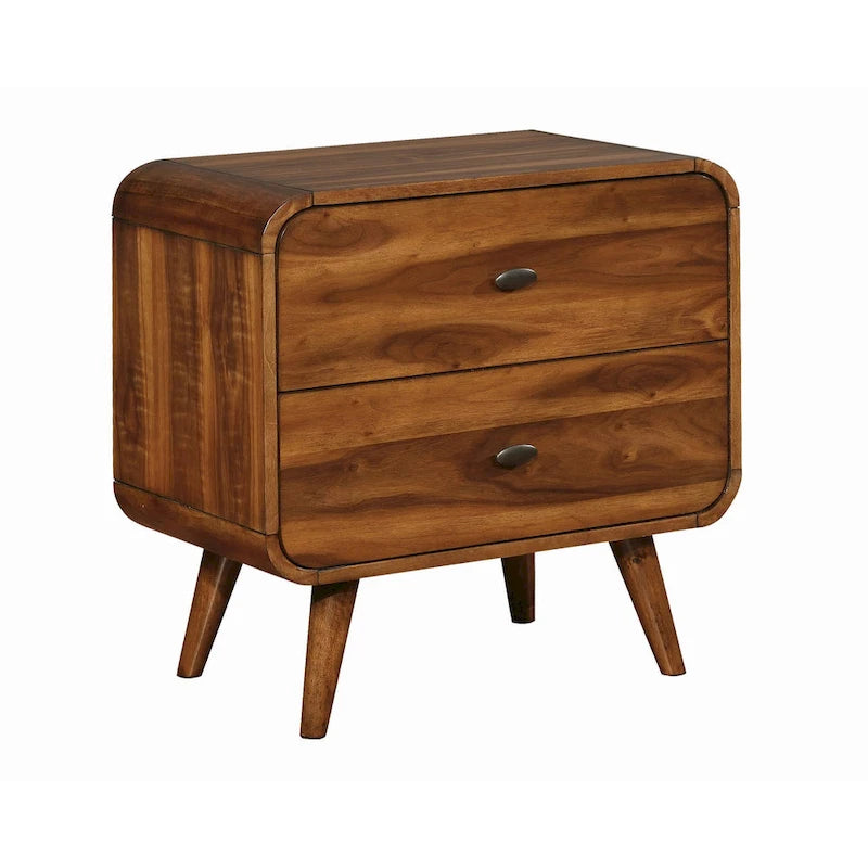 Table de chevet 2 tiroirs style Mid-Century Modern, Noyer foncé, Quincaillerie canon de fusil