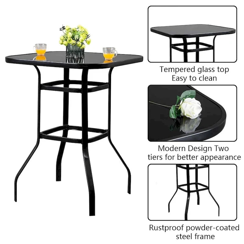 Table haute de bar d'extérieur, verte / rouge / marron / noire, en fer forgé et verre, pour 2 personnes