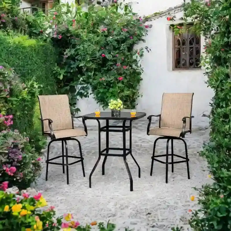 Table haute de bar d'extérieur, verte / rouge / marron / noire, en fer forgé et verre, pour 2 personnes