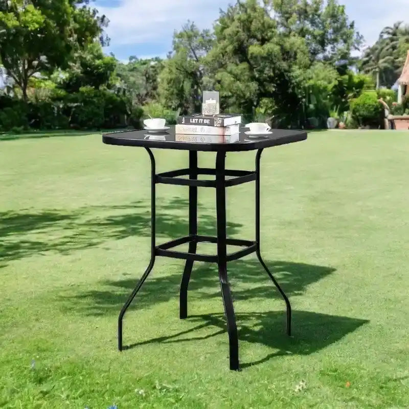 Table haute de bar d'extérieur, verte / rouge / marron / noire, en fer forgé et verre, pour 2 personnes