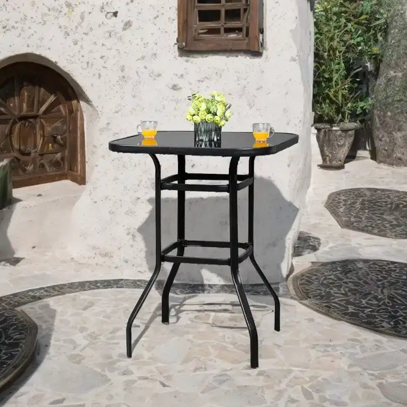 Table haute de bar d'extérieur, verte / rouge / marron / noire, en fer forgé et verre, pour 2 personnes