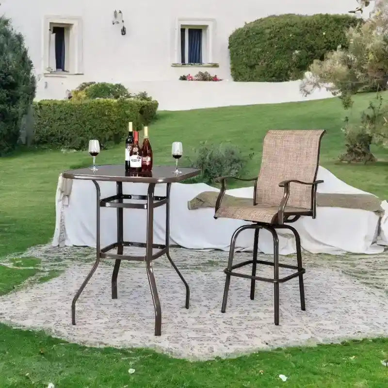 Table haute de bar d'extérieur, verte / rouge / marron / noire, en fer forgé et verre, pour 2 personnes