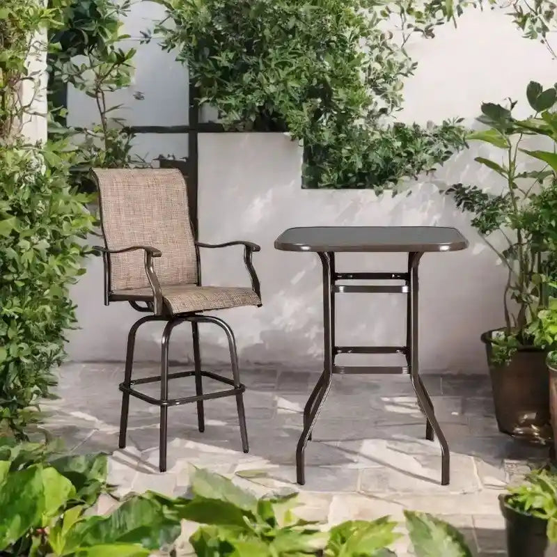 Table haute de bar d'extérieur, verte / rouge / marron / noire, en fer forgé et verre, pour 2 personnes
