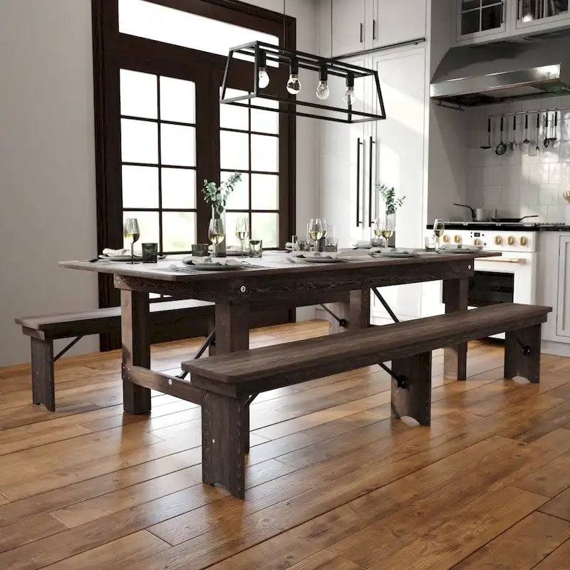 Table de salle à manger pliante Farmhouse, Rustique antique / Blanc / Acajou / Naturel, 8 places