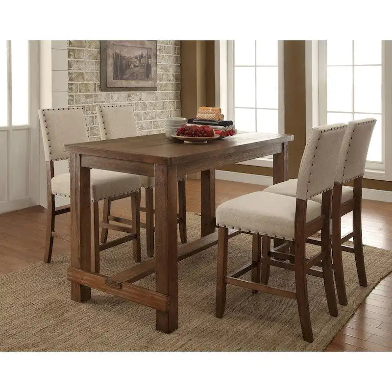 Table de salle à manger rustique hauteur comptoir, Chêne rustique, Bois massif, 4 à 6 places