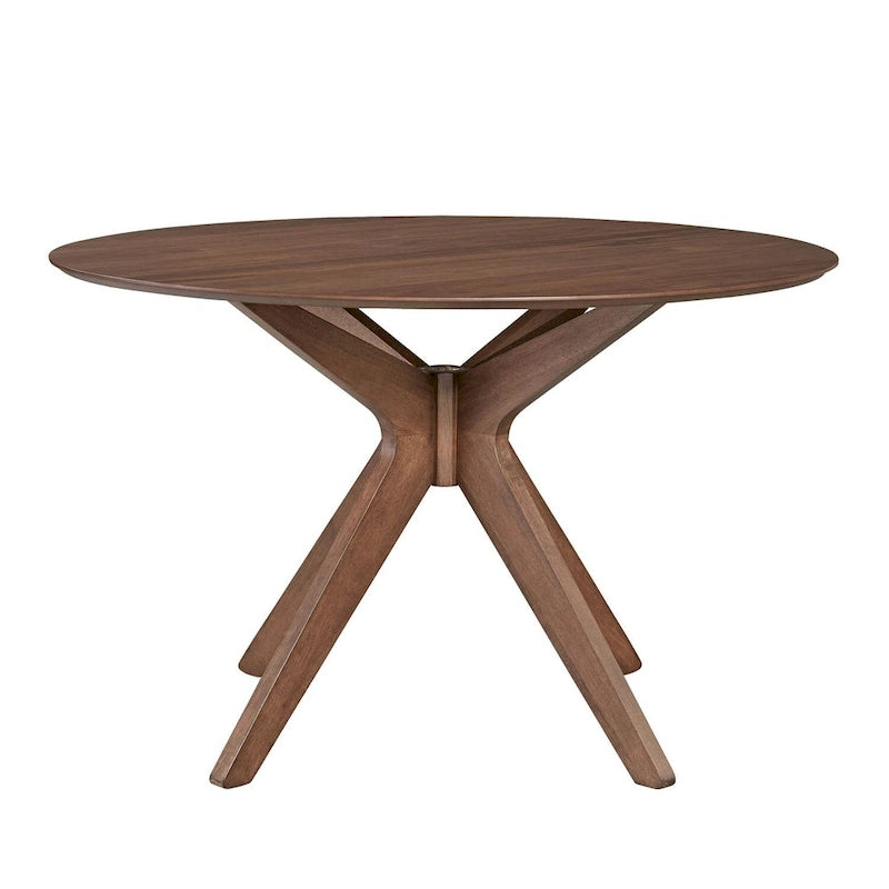 Table à manger ronde sur pied, noyer, base en X, pour 4, style Mid-Century Modern