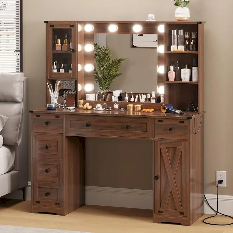 Coiffeuse de ferme avec miroir Hollywood et station de charge, Noyer / Blanc, Simple