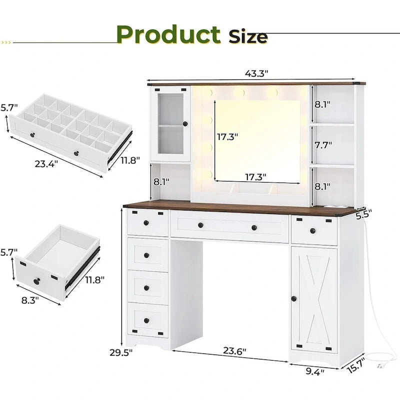 Coiffeuse de ferme avec miroir Hollywood et station de charge, Noyer / Blanc, Simple