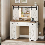 Coiffeuse de ferme avec miroir Hollywood et station de charge, Noyer / Blanc, Simple