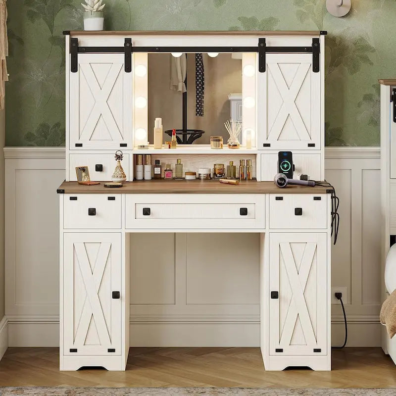 Coiffeuse de ferme avec miroir Hollywood et station de charge, Noyer / Blanc, Simple