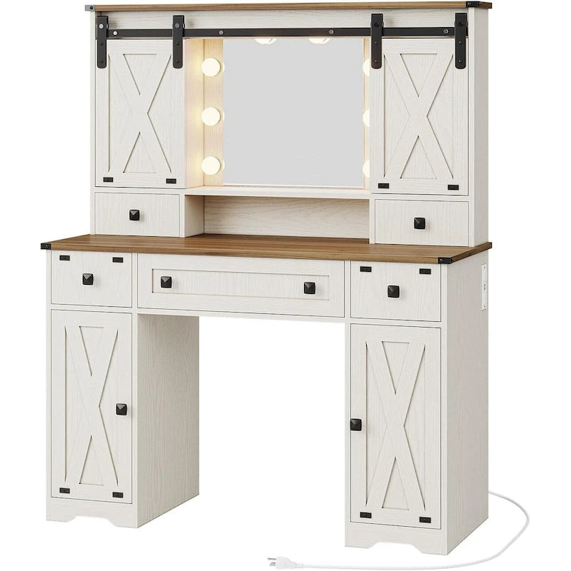 Coiffeuse de ferme avec miroir Hollywood et station de charge, Noyer / Blanc, Simple