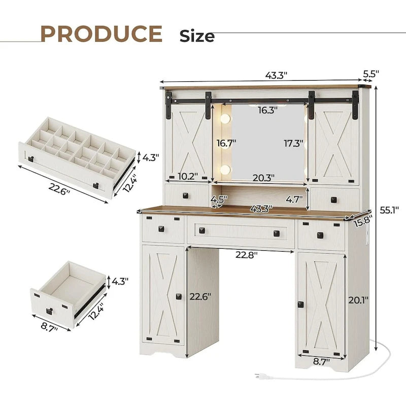 Coiffeuse de ferme avec miroir Hollywood et station de charge, Noyer / Blanc, Simple