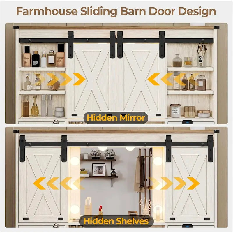 Coiffeuse de ferme avec miroir Hollywood et station de charge, Noyer / Blanc, Simple