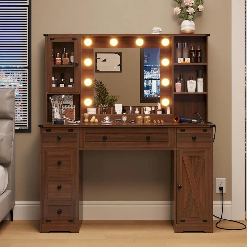 Coiffeuse de ferme avec miroir Hollywood et station de charge, Noyer / Blanc, Simple