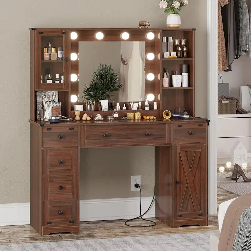 Coiffeuse de ferme avec miroir Hollywood et station de charge, Noyer / Blanc, Simple