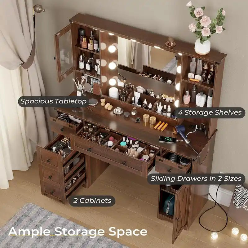 Coiffeuse de ferme avec miroir Hollywood et station de charge, Noyer / Blanc, Simple
