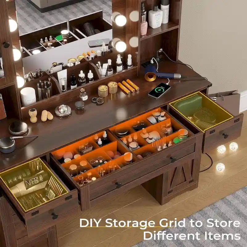 Coiffeuse de ferme avec miroir Hollywood et station de charge, Noyer / Blanc, Simple