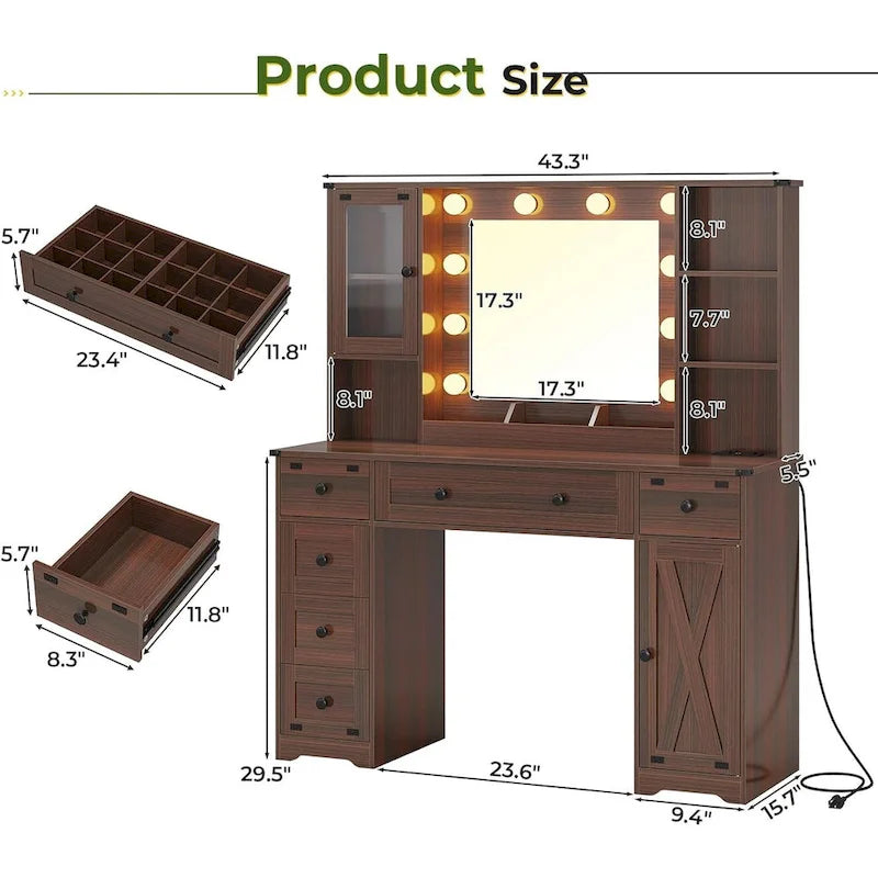 Coiffeuse de ferme avec miroir Hollywood et station de charge, Noyer / Blanc, Simple