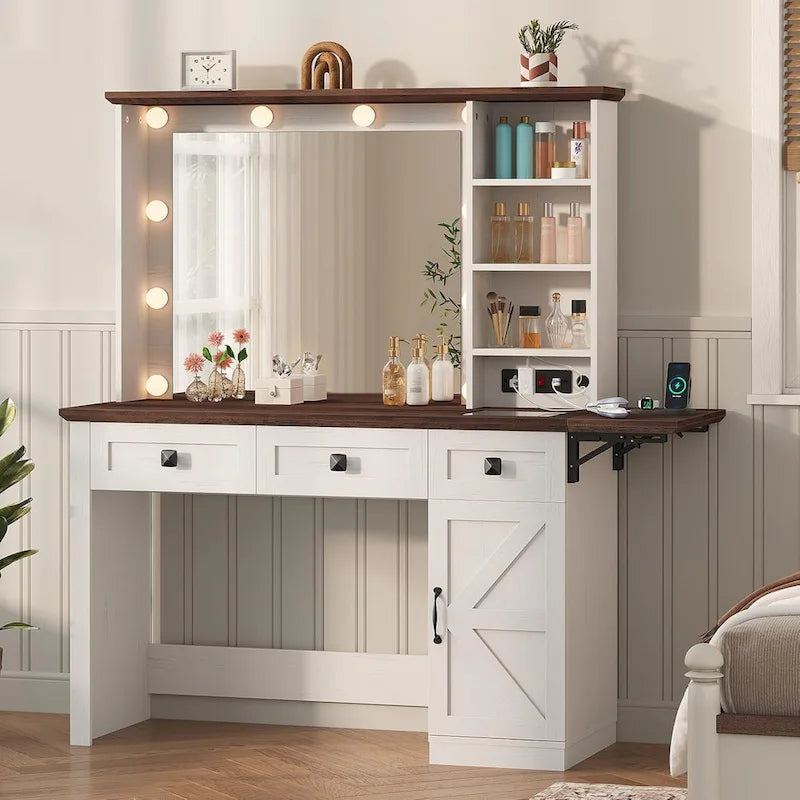 Coiffeuse de ferme avec miroir Hollywood et station de charge, Noyer / Blanc, Simple