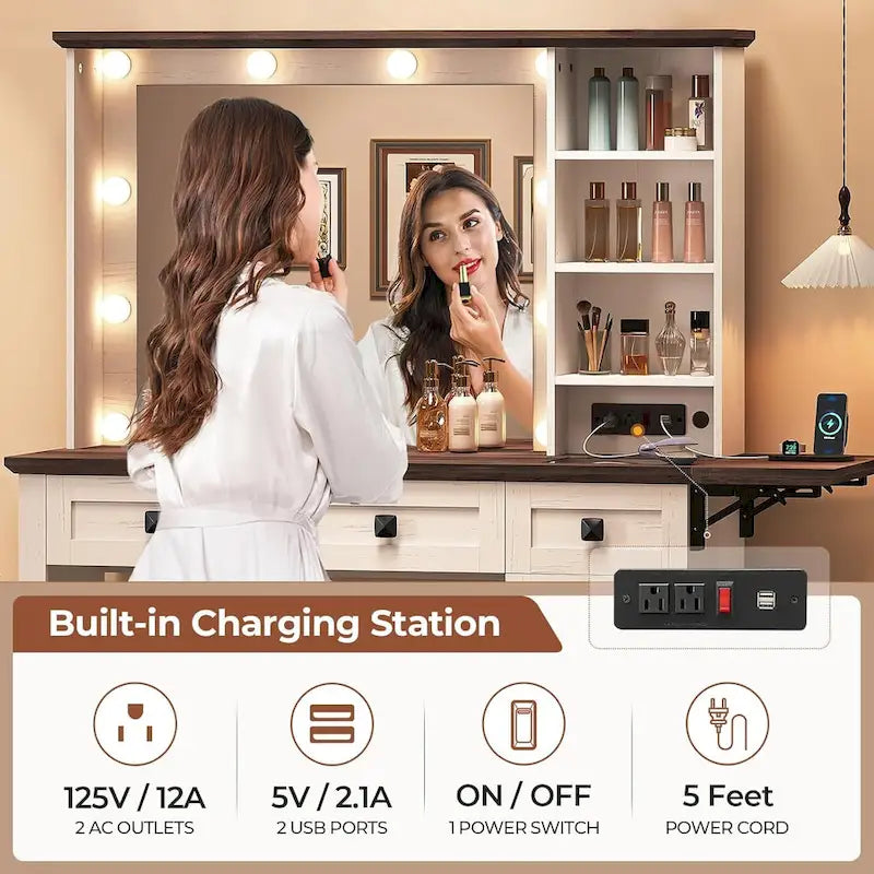 Coiffeuse de ferme avec miroir Hollywood et station de charge, Noyer / Blanc, Simple
