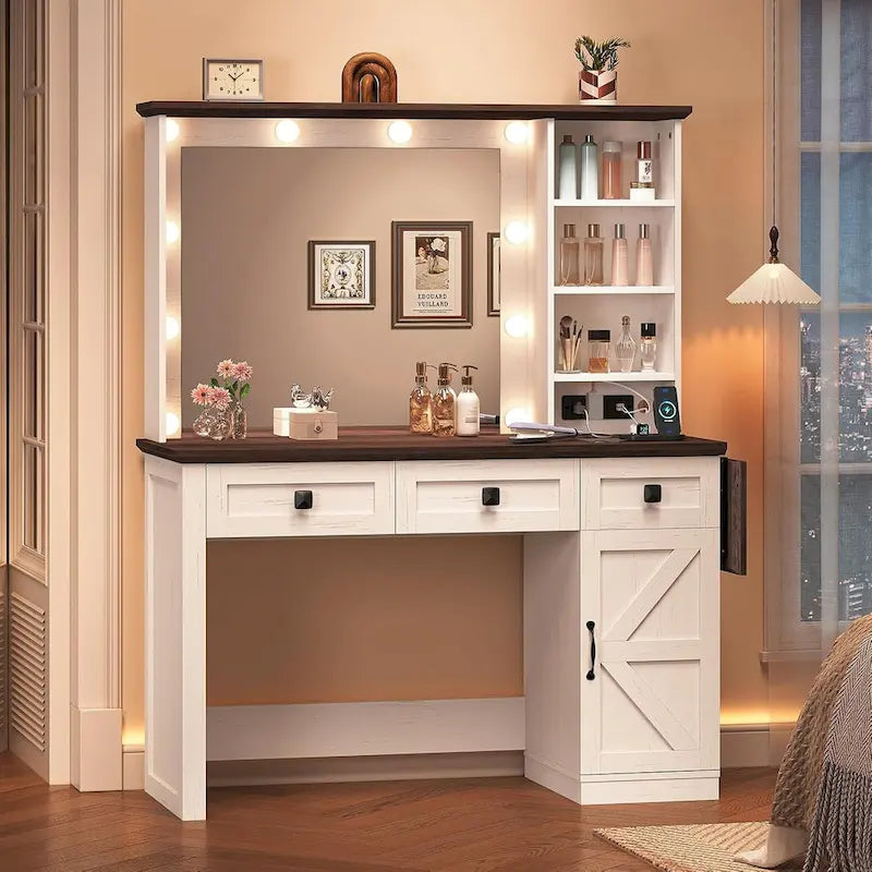 Coiffeuse de ferme avec miroir Hollywood et station de charge, Noyer / Blanc, Simple