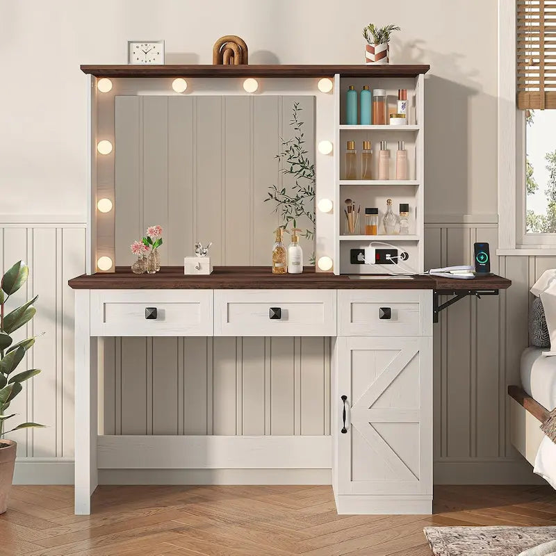 Coiffeuse de ferme avec miroir Hollywood et station de charge, Noyer / Blanc, Simple