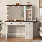 Coiffeuse de ferme avec miroir Hollywood et station de charge, Noyer / Blanc, Simple