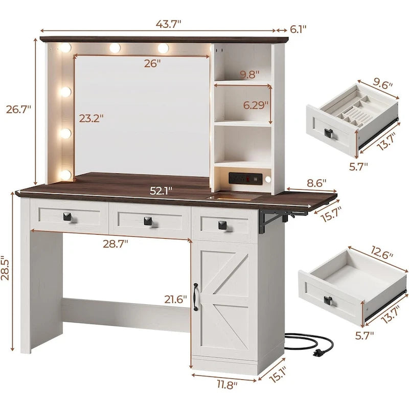 Coiffeuse de ferme avec miroir Hollywood et station de charge, Noyer / Blanc, Simple