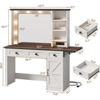 Coiffeuse de ferme avec miroir Hollywood et station de charge, Noyer / Blanc, Simple