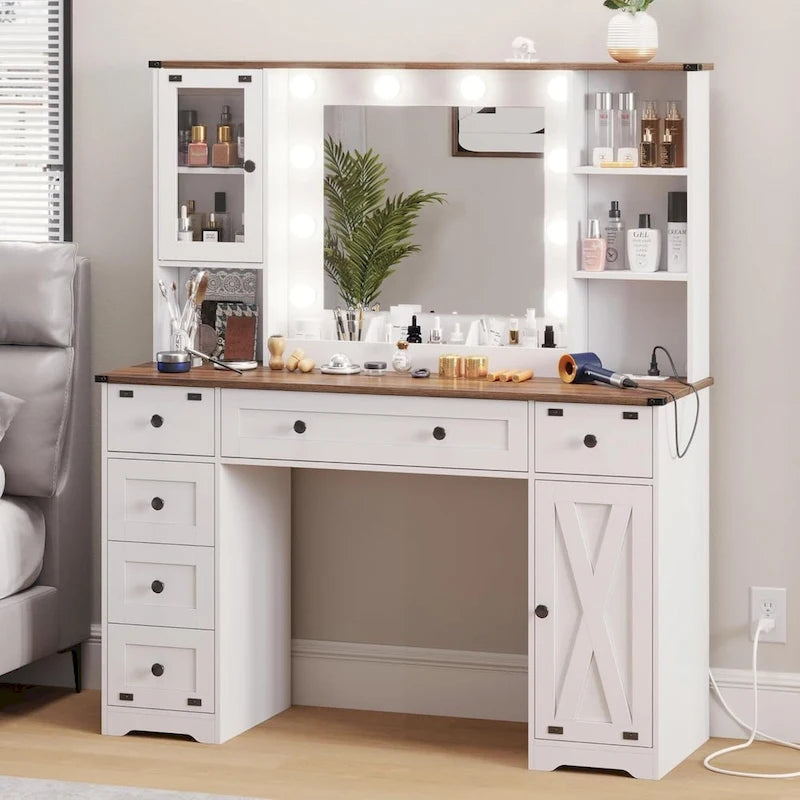 Coiffeuse de ferme avec miroir Hollywood et station de charge, Noyer / Blanc, Simple