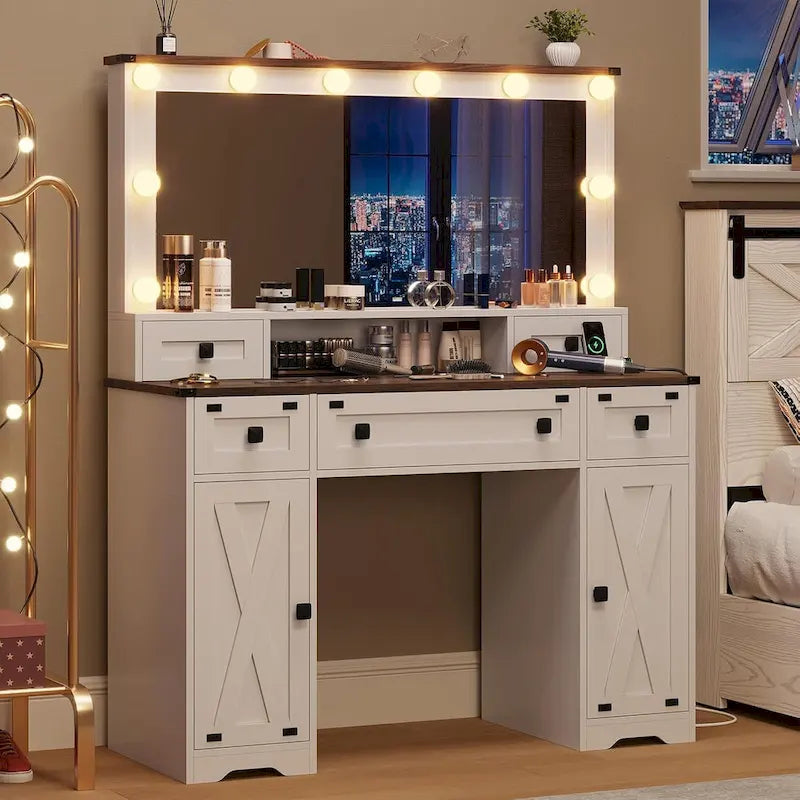 Coiffeuse de ferme avec miroir Hollywood et station de charge, Noyer / Blanc, Simple