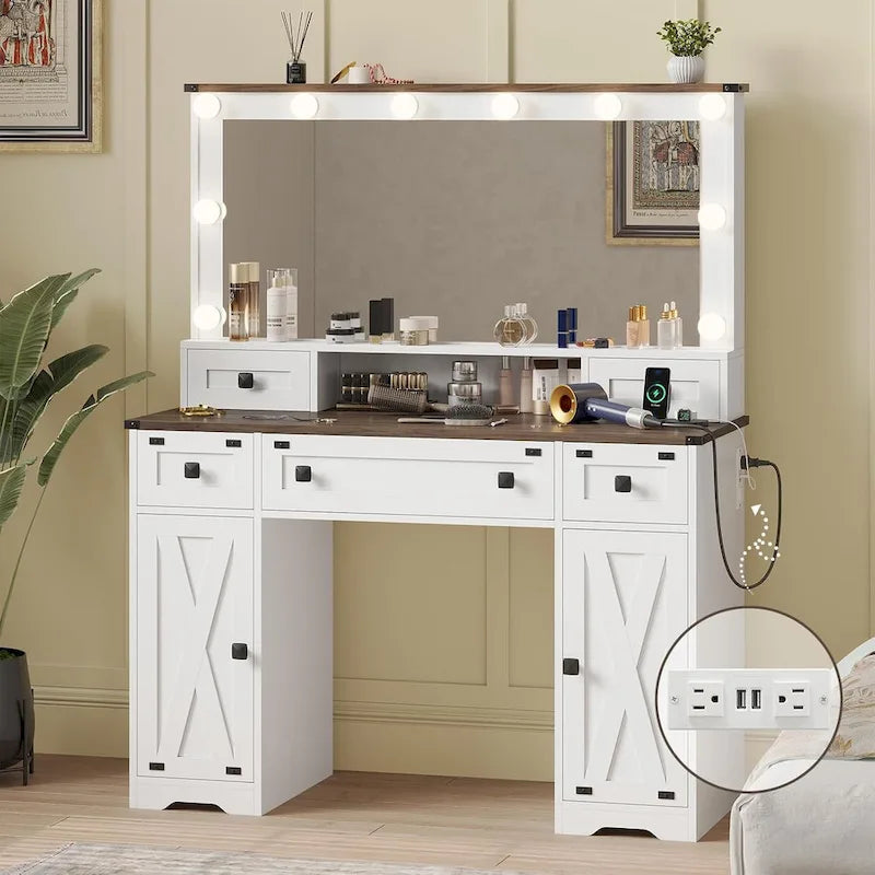 Coiffeuse de ferme avec miroir Hollywood et station de charge, Noyer / Blanc, Simple