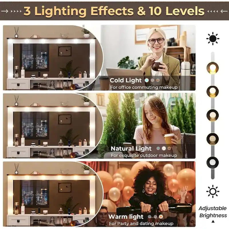 Coiffeuse de ferme avec miroir Hollywood et station de charge, Noyer / Blanc, Simple