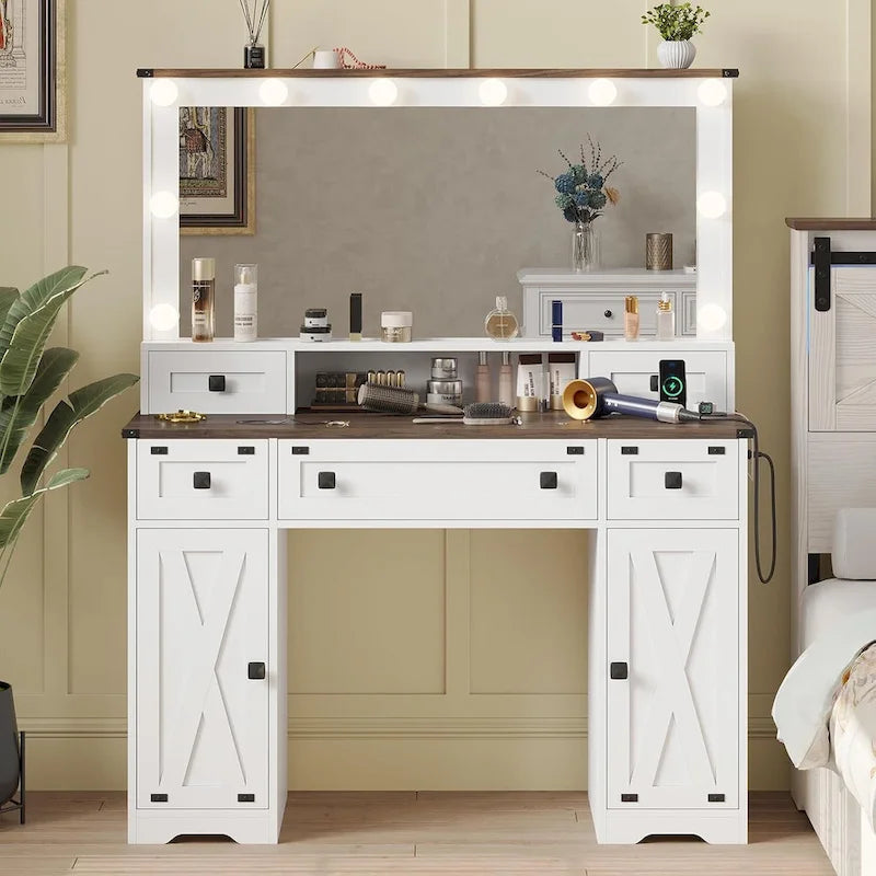 Coiffeuse de ferme avec miroir Hollywood et station de charge, Noyer / Blanc, Simple
