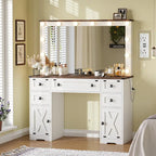 Coiffeuse de ferme avec miroir Hollywood et station de charge, Noyer / Blanc, Simple