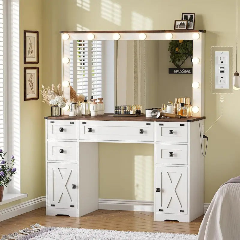 Coiffeuse de ferme avec miroir Hollywood et station de charge, Noyer / Blanc, Simple