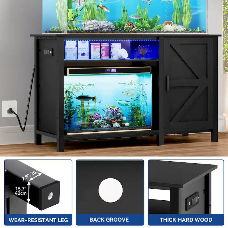 Meuble d'aquarium noir avec porte de grange et bandeau lumineux RVB, 208-284 litres, installation simple