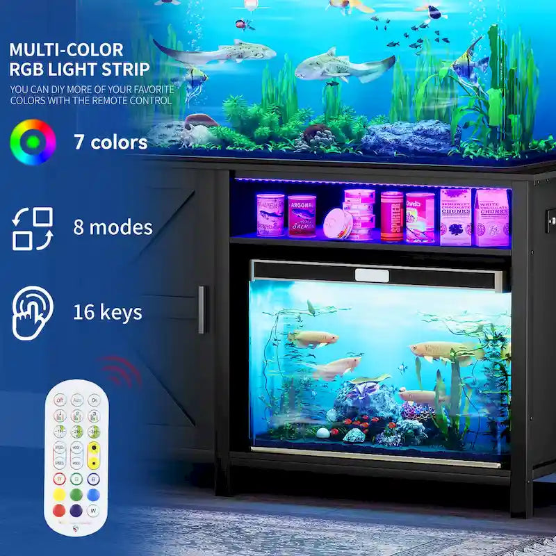Meuble d'aquarium noir avec porte de grange et bandeau lumineux RVB, 208-284 litres, installation simple
